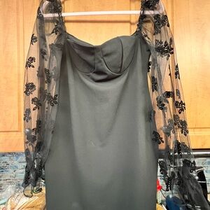SHEIN Black Dress with Sheer Floral Sleeves